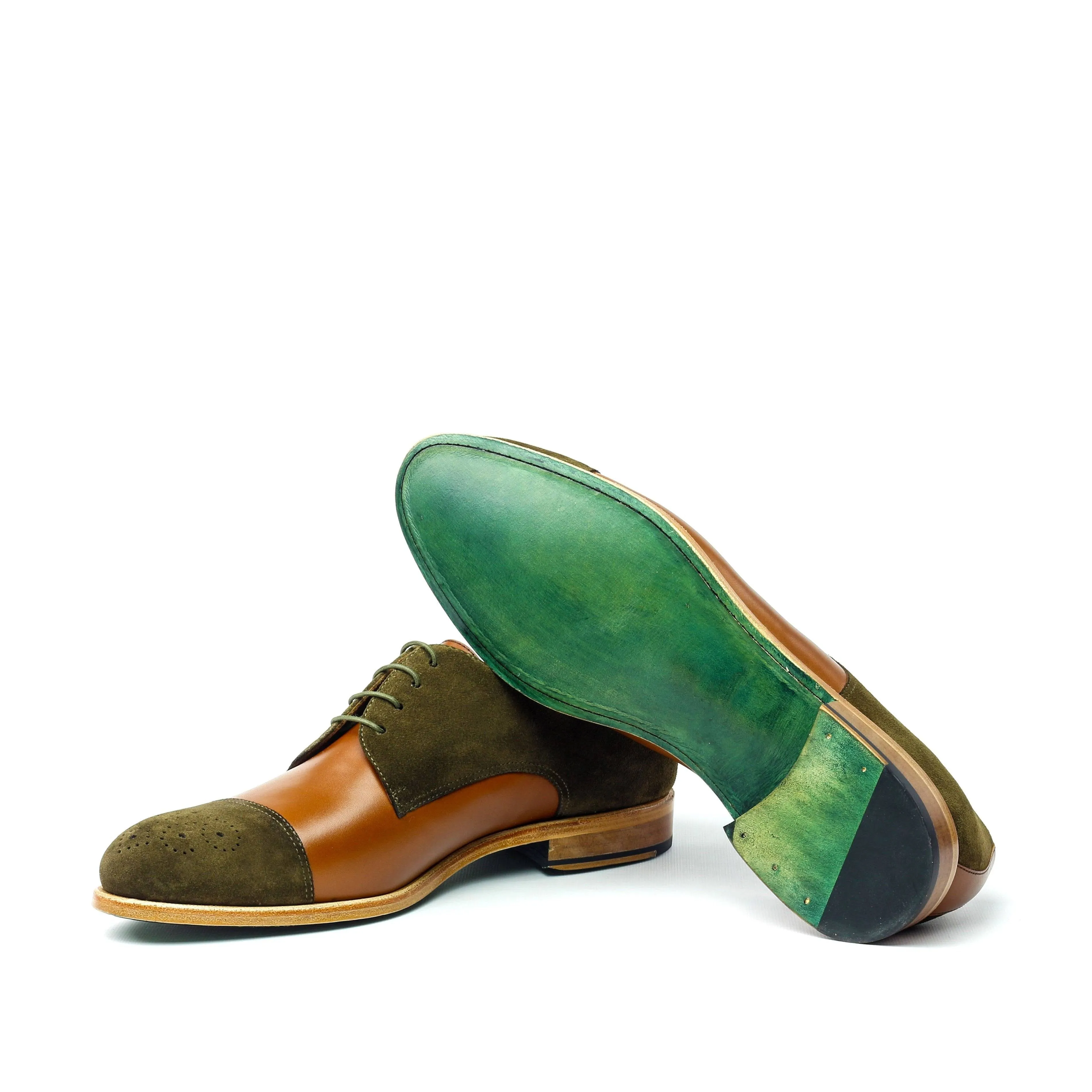 ALEXANDER - Unique Handcrafted Golden Brown/Green Seude Casual but not so Casual Derby Dress Shoes by Le Ruux