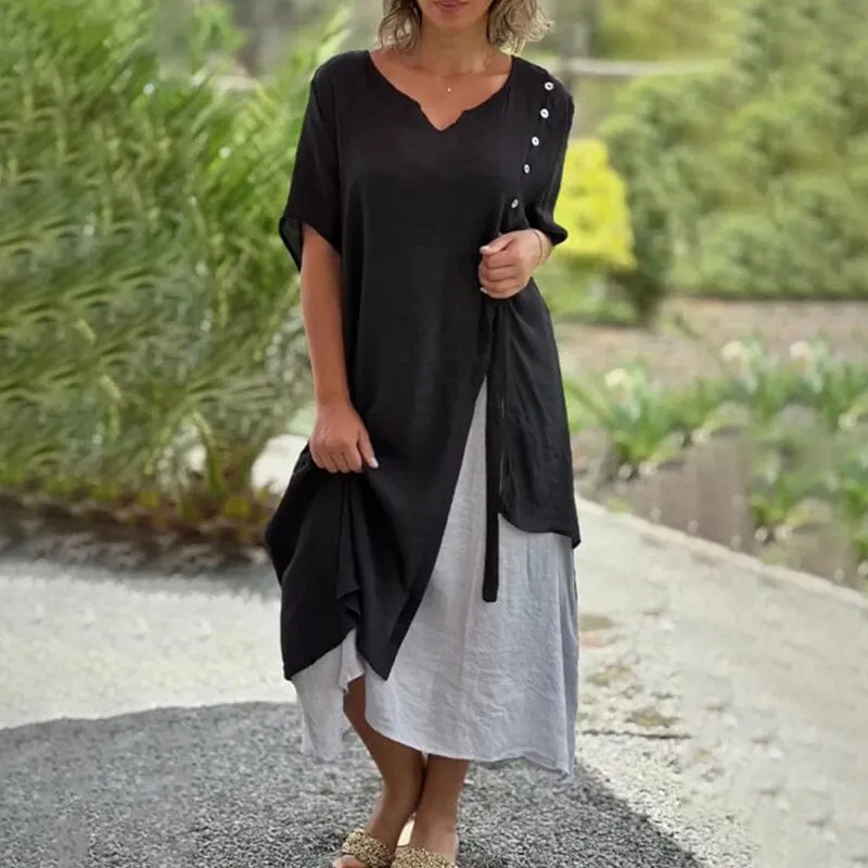 Asymmetrical Dress with Short Sleeves and V-neck