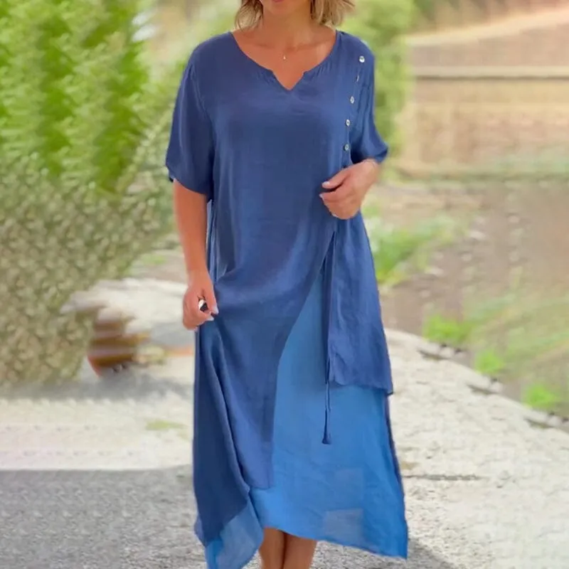 Asymmetrical Dress with Short Sleeves and V-neck