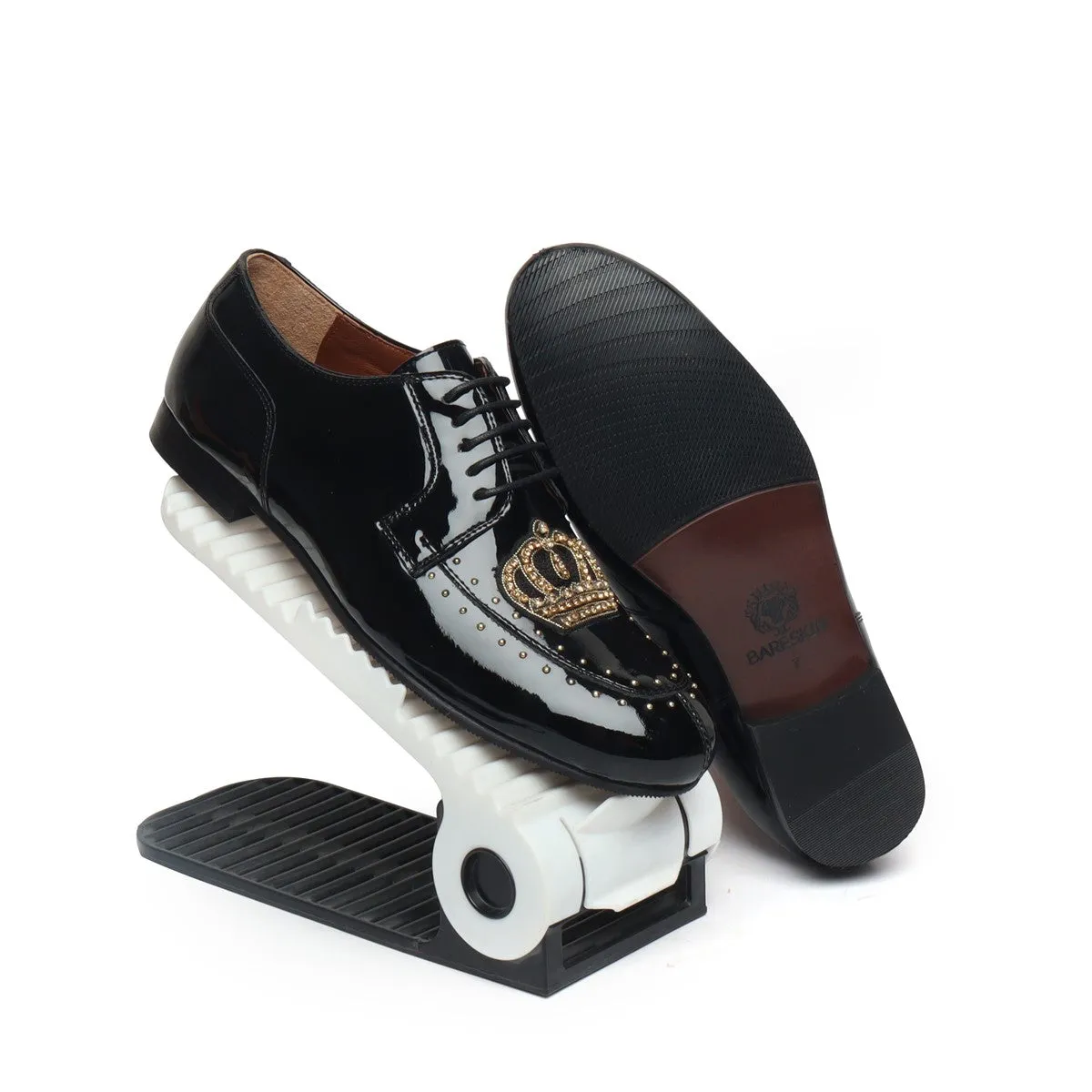 Black Patent Leather Lace-Up Shoes with Ethnic Studded Crown Zardosi by Brune & Bareskin