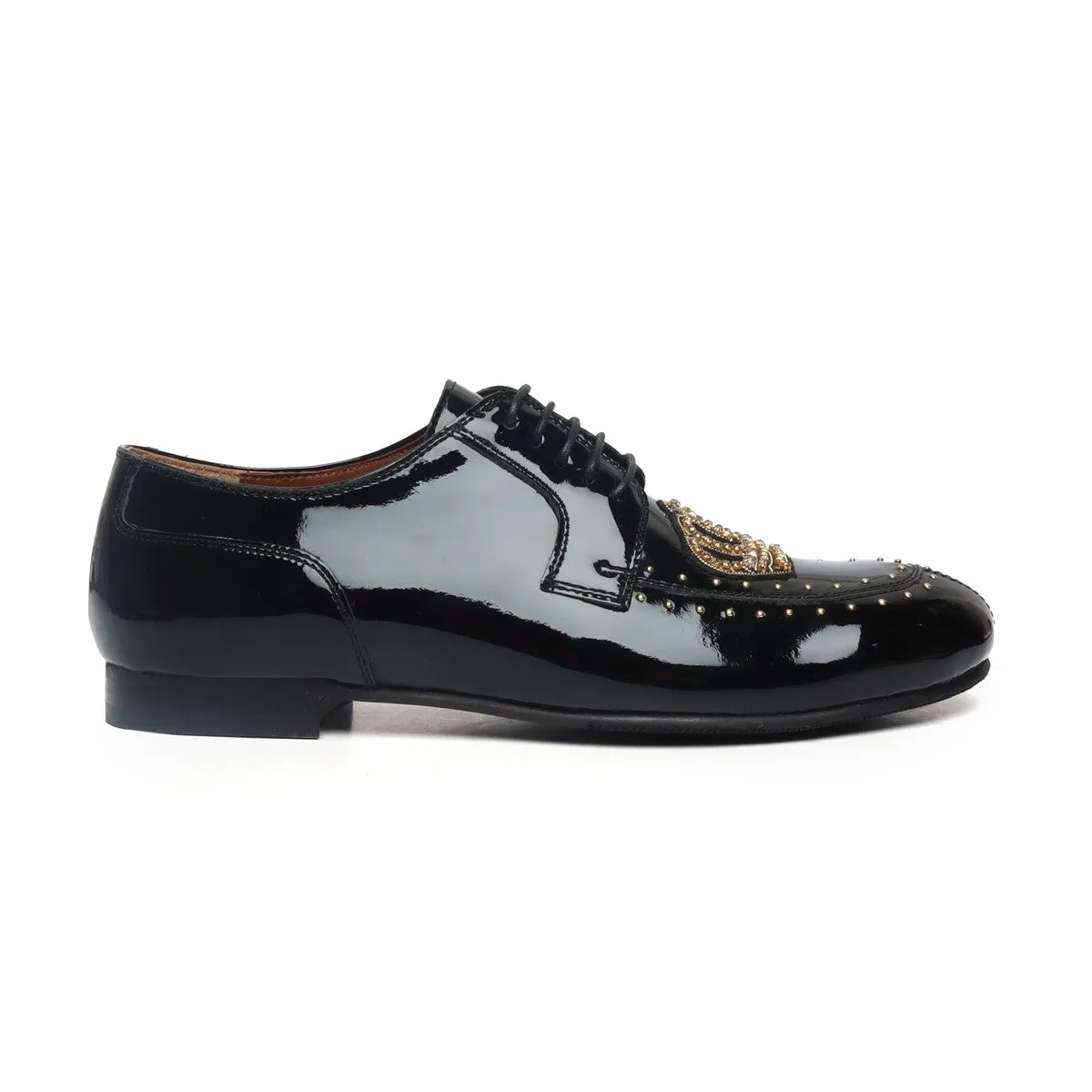 Black Patent Leather Lace-Up Shoes with Ethnic Studded Crown Zardosi by Brune & Bareskin