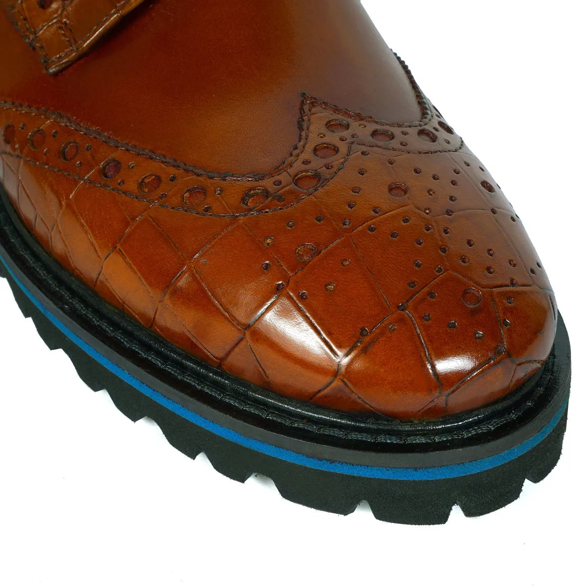 Contrasting Tan Croco Leather Toe Sky Blue Laces Derby Shoes