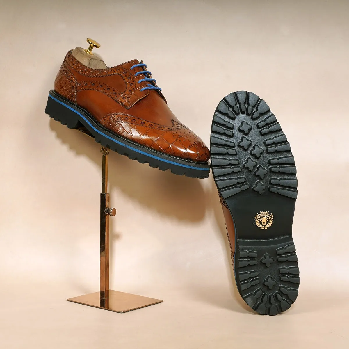 Contrasting Tan Croco Leather Toe Sky Blue Laces Derby Shoes