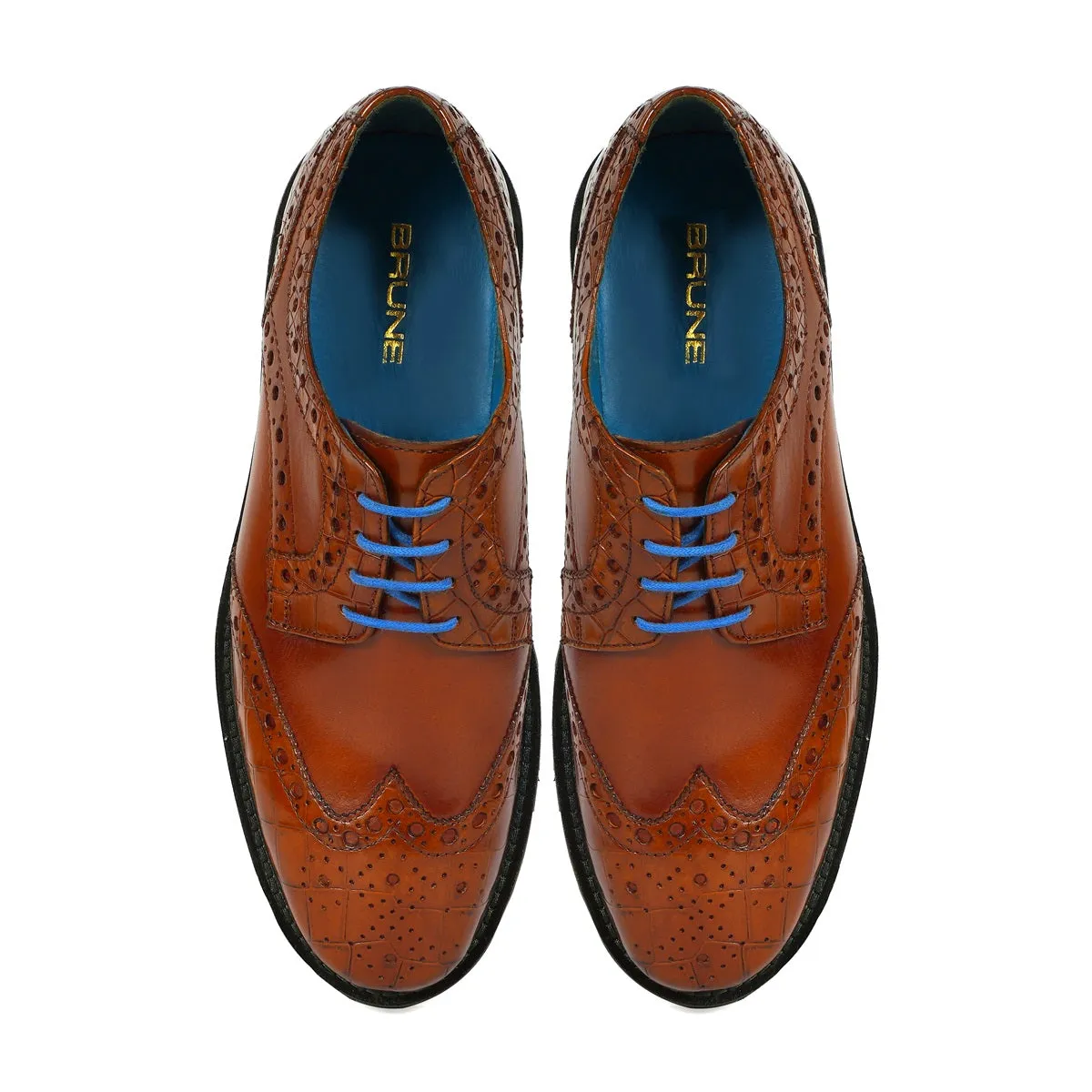 Contrasting Tan Croco Leather Toe Sky Blue Laces Derby Shoes