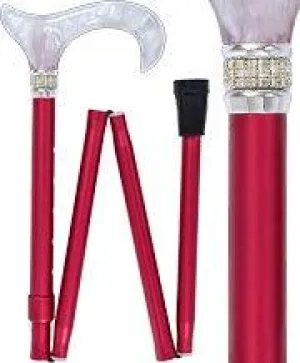 Crimson Daytime Pearlz with Rhinestone Collar and Red Shaft Designer Adjustable Folding Cane