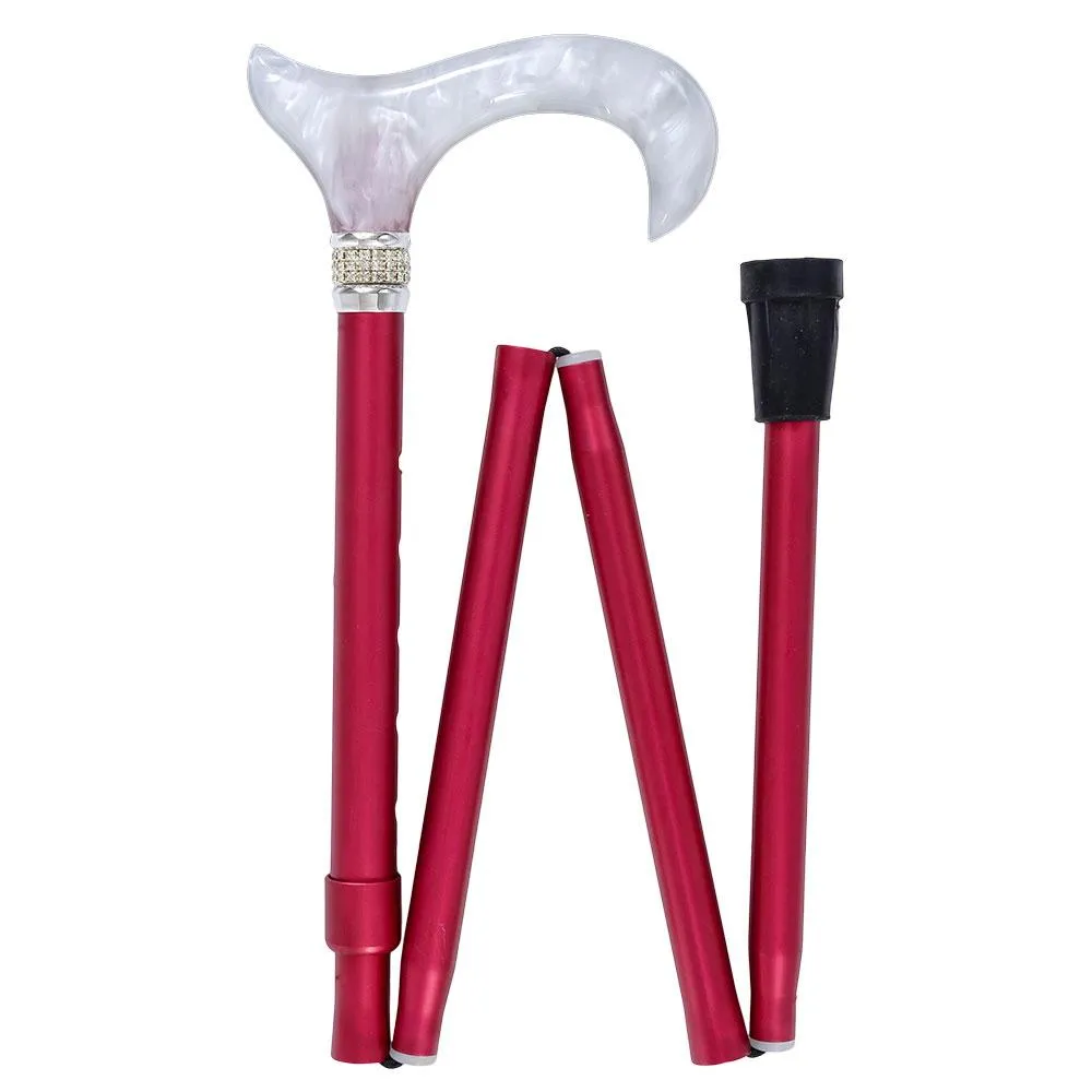 Crimson Daytime Pearlz with Rhinestone Collar and Red Shaft Designer Adjustable Folding Cane