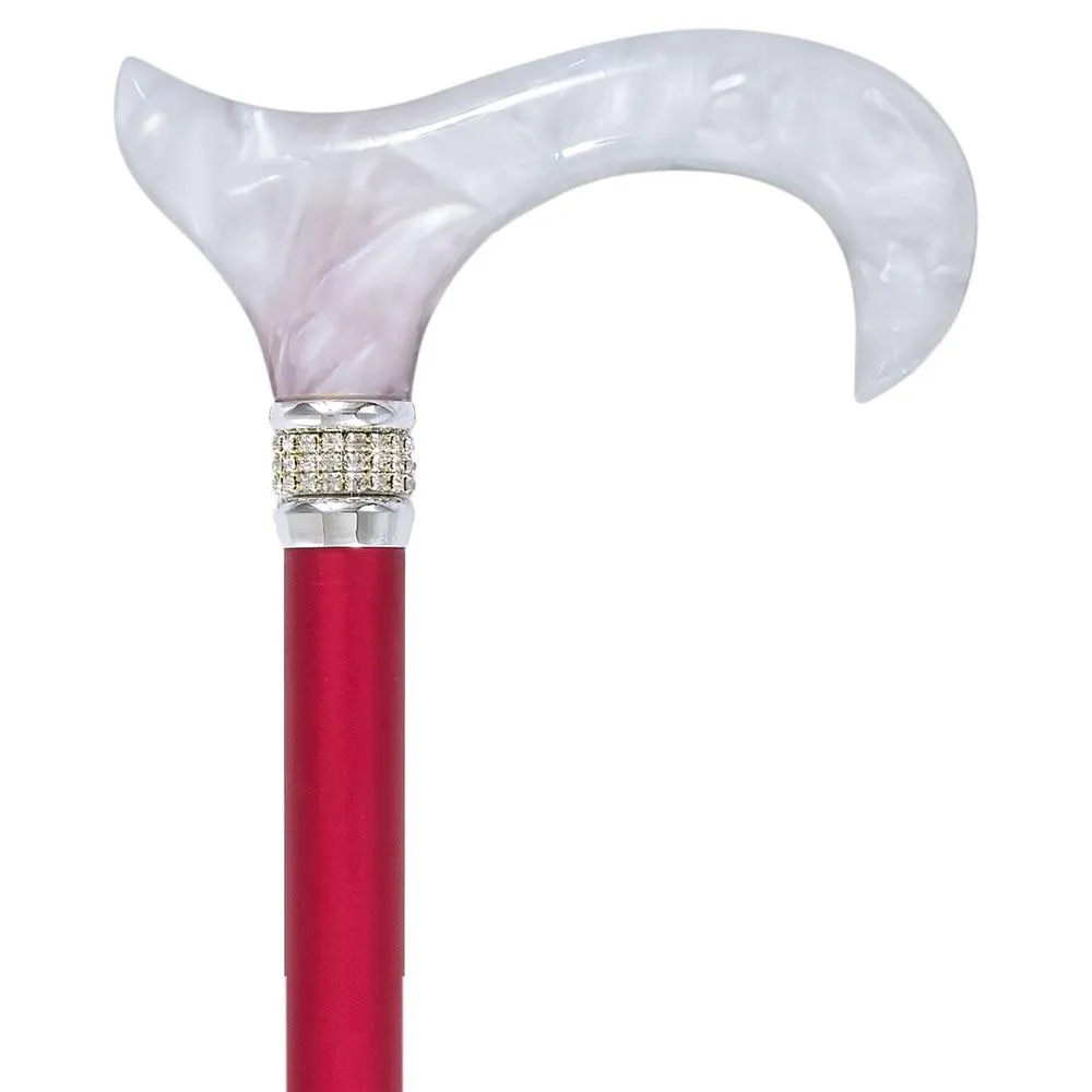 Crimson Daytime Pearlz with Rhinestone Collar and Red Shaft Designer Adjustable Folding Cane