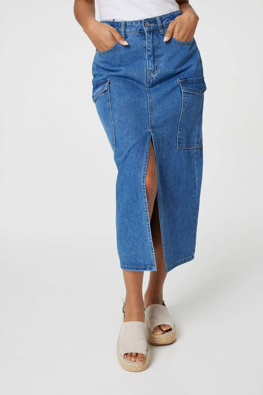 Denim High Waist Split Midi Skirt