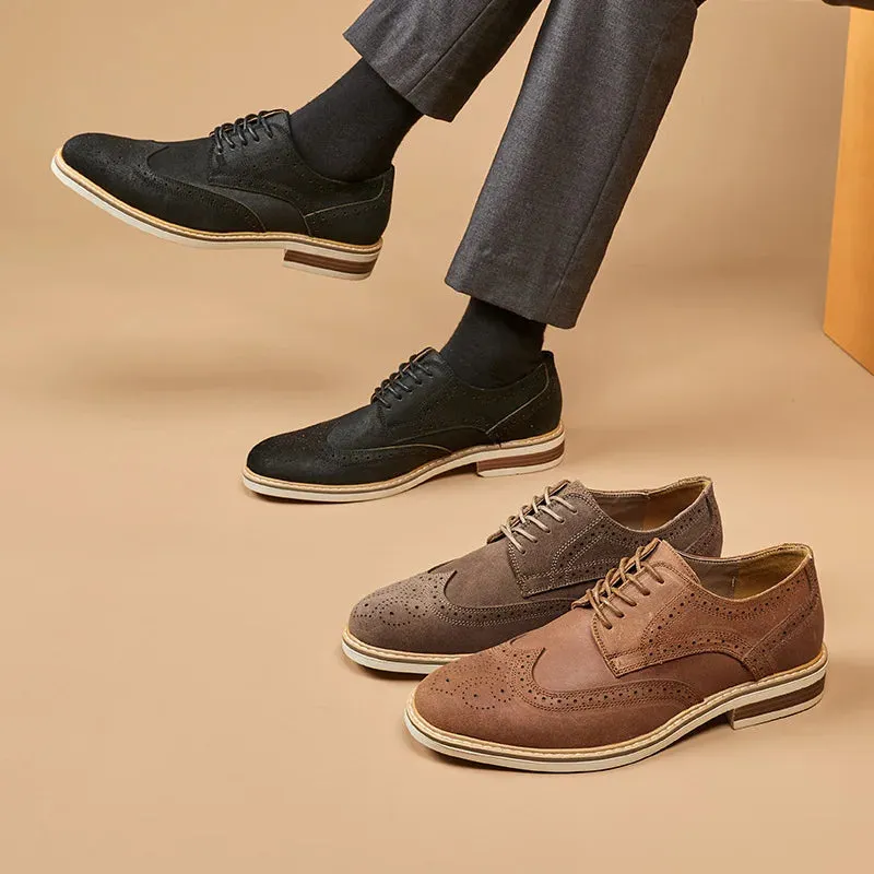 Hnzxzm Man Derby Shoes Genuine Split Suede Leather Full Brogue Long Wing Dress Business Men Casual Comfortable Wedding Party Suits